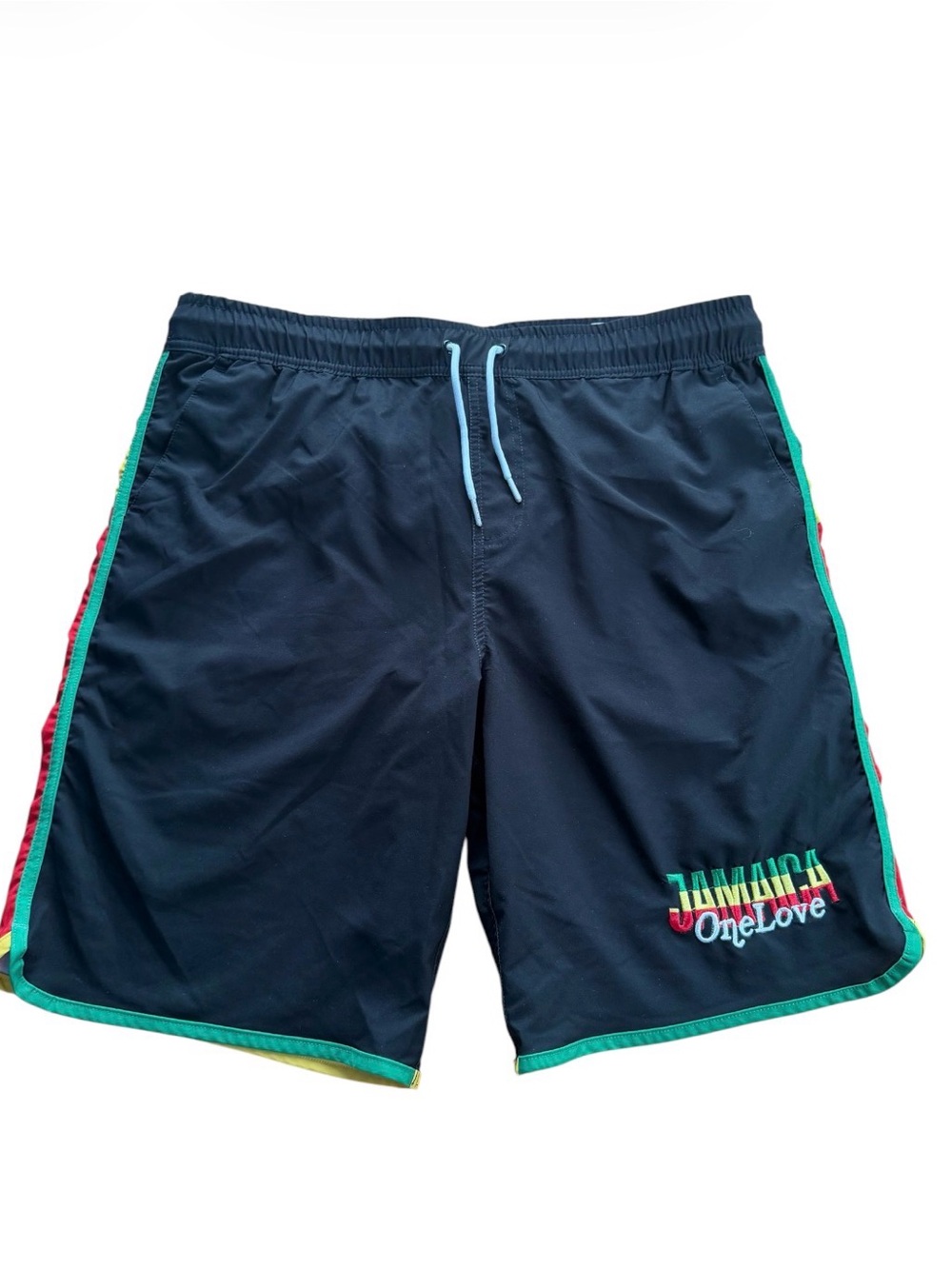 Sun Stylin Mens XL Jamaica One Love Swim Trunks Rasta Striped Board Shorts Black